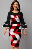 Color Block Geommetric O-Neck Flare Long Sleeve Midi Dress