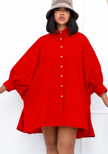 Plus Size Red Button Open Bat Long Sleeves Oversize Dress