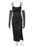 Black Silk Cami Slit Tight Long Dress with Mesh Long Glove