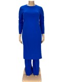 Plus Size Blue O-Neck Long Sleeve Slit Long Top And Pant 2PCS Set