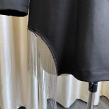 Plus Size Black Deep-V Button Up Long Sleeve Fringe Blazer Dress
