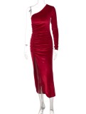 Red Velvet One Shoulder Single Sleeve Slit Ruched Long Dress