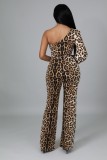 Leopard Print Brown One Shoulder Single Sleeve Jumpsuit with Belt