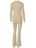 Khaki Turndown Collar Long Sleeve Tight Flare Jumpsuit