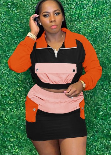 Contrast Color Long Sleeve Turndown Collar Crop Top and Mini Skirt 2PCS Set
