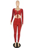 Red Lace Up Long Sleeves Crop Top and High Waist Ruched Pant 2PCS Set