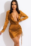 Yellow Silk Plunge Neck Ruched Sheath Mini Dress