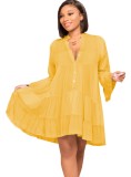 Yellow V-Neck Button Up Flare Long Sleeve Ruffles Blouse Dress