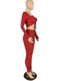 Red Lace Up Long Sleeves Crop Top and High Waist Ruched Pant 2PCS Set