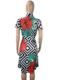 Print Button Up Short Sleeve Midi Blouse Dress with Belt