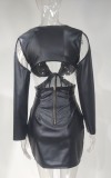 Black Pu Leather Mesh Long Sleeves Slit Mini Dress