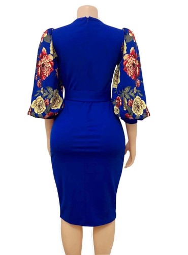 Flower Print Blue Half Puff Sleeve O-Neck Midi Dress