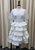 White Half Puff Sleeve Ruffled Long Layered Dress