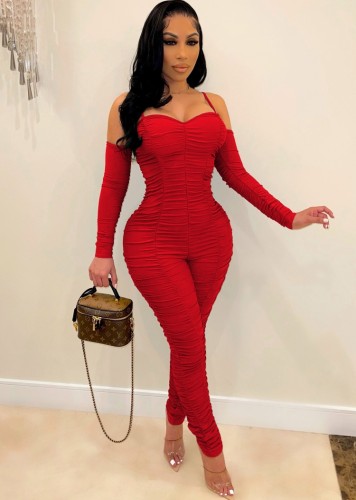 Red Cami Ruched Sheath Jumpsuit with Long Gloves