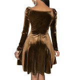 V Neck Velvet Brown Long Sleeve Party Dress
