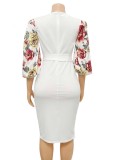 Flower Print White Half Puff Sleeve O-Neck Midi Dress