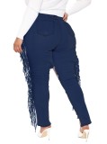 Plus Size Dk-Blue High Waist Cut Out Fringe Slim Fit Jeans