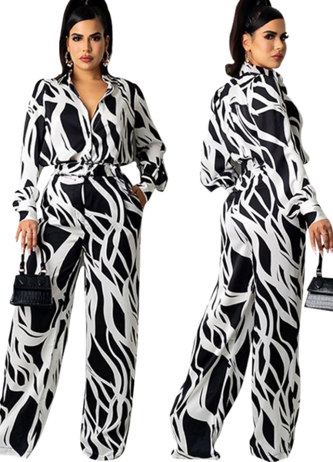 White and Black Print Button Up Long Sleeve Jumpsuit with Belt