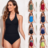 Green Halter Low Back Ruched One Piece Swimsuit
