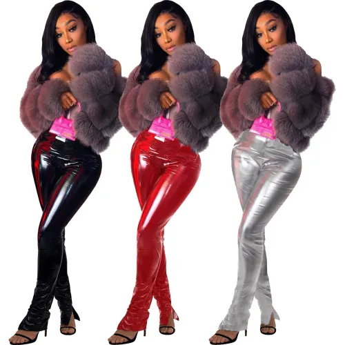 Coffee PU Leather Slit Bottom Tight Pants