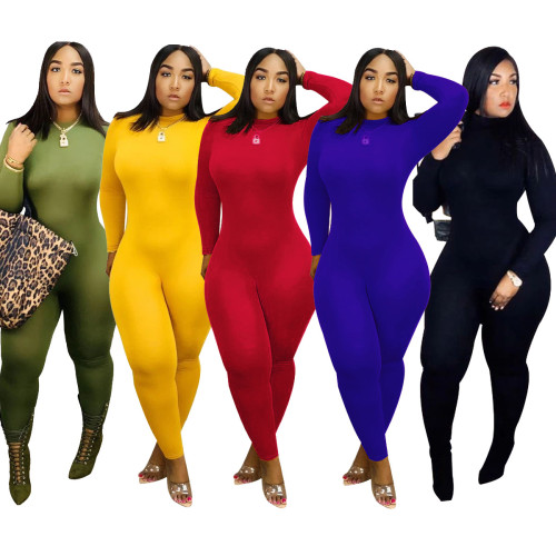 Solid Red Basic Mock Neck Tight Jumpsuit