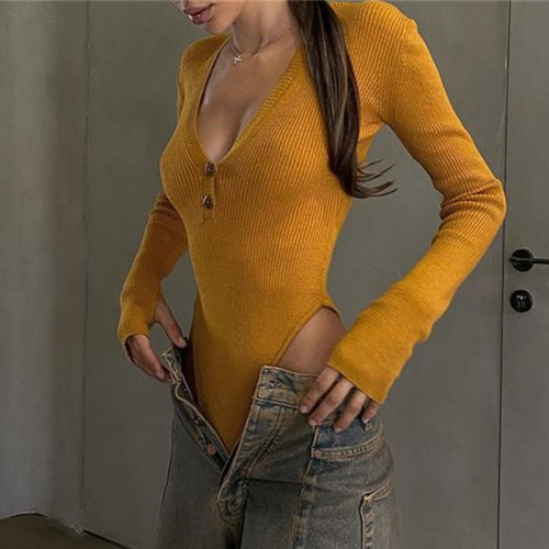 Yellow Cotton Long Sleeve Ribbed V Neck Bodysuit with Thumb Hole