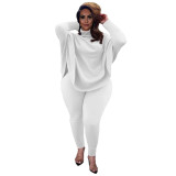 Plus Size Black Bat-wing Sleeve Slit Top and Pants Two Piece Set