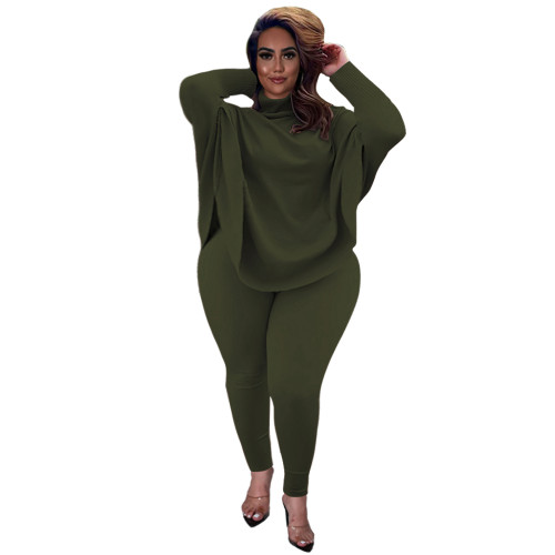 Plus Size Army Green Bat-wing Sleeve Slit Top and Pants Two Piece Set