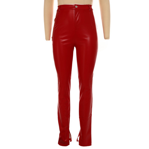Red PU Leather Slit Bottom Tight Pants