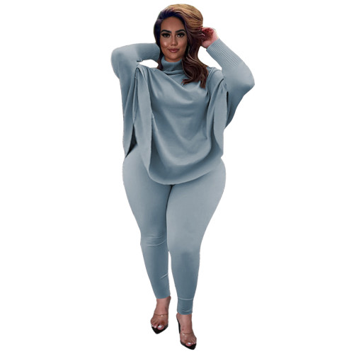 Plus Size Light Gray Bat-wing Sleeve Slit Top and Pants Two Piece Set