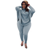 Plus Size Blue Bat-wing Sleeve Slit Top and Pants Two Piece Set