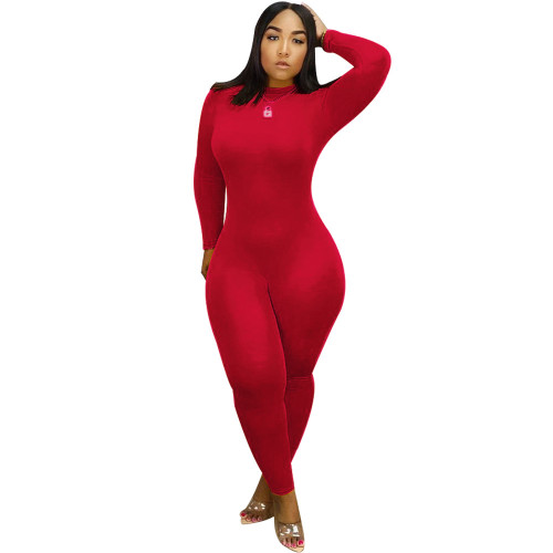 Solid Red Basic Mock Neck Tight Jumpsuit