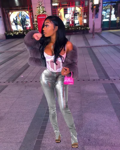Silver PU Leather Slit Bottom Tight Pants