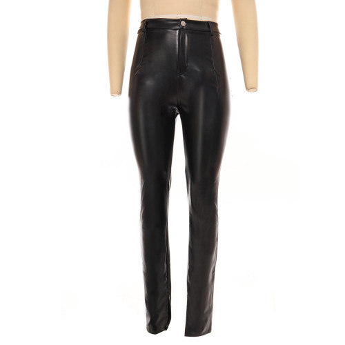 Black PU Leather Slit Bottom Tight Pants