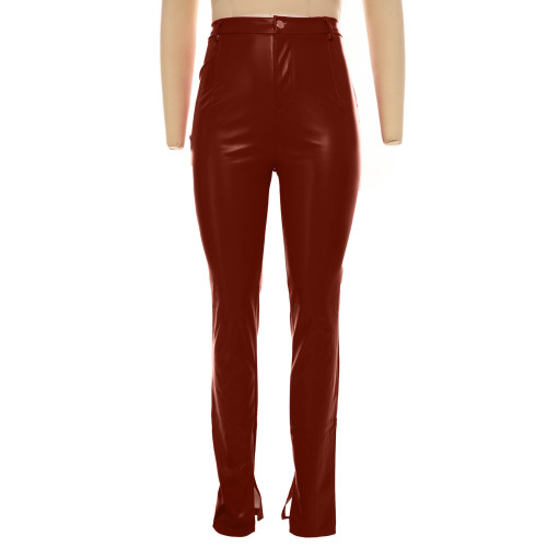 Rusty Red PU Leather Slit Bottom Tight Pants