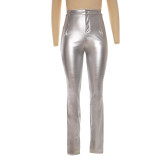 Silver PU Leather Slit Bottom Tight Pants
