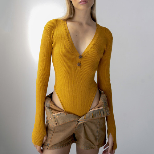 Yellow Cotton Long Sleeve Ribbed V Neck Bodysuit with Thumb Hole
