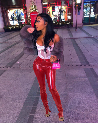 Red PU Leather Slit Bottom Tight Pants