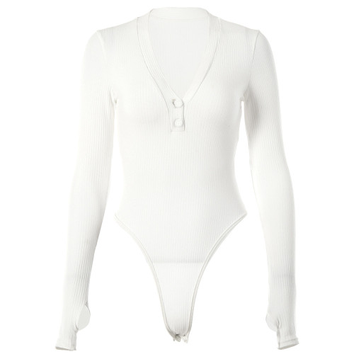 Cotton White Long Sleeve Ribbed V Neck Bodysuit with Thumb Hole