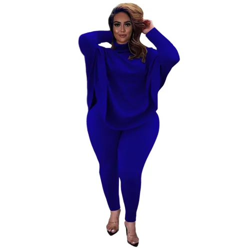 Plus Size Blue Bat-wing Sleeve Slit Top and Pants Two Piece Set