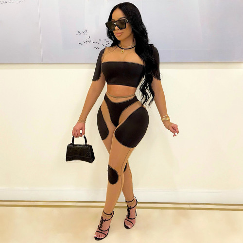 Sexy Mesh Splicing Long Sleeve Crop Top Two Piece Pants Set