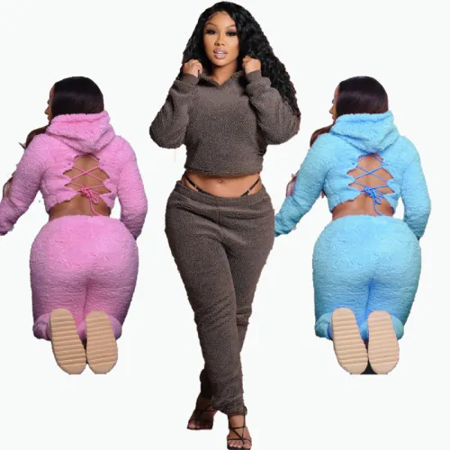 Blue Fleece Lace Up Back Hoodie and Pants Two Piece Set
