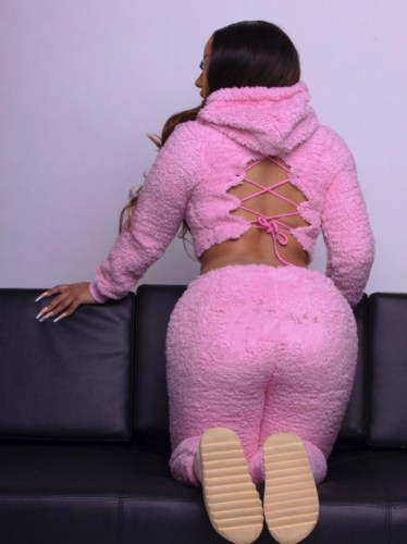 Pink Fleece Lace Up Back Hoodie and Pants Two Piece Set