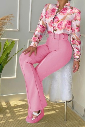 Print White Stand Collar Long Sleeve Blouse and Pink Pants 2PCS Set