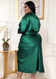 Plus Size Green Silk Ruched Tied Button Open Midi Blouse Dress
