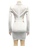 Rhinestone White Turndown Collar Cut Out Long Sleeves Slinky Mini Dress