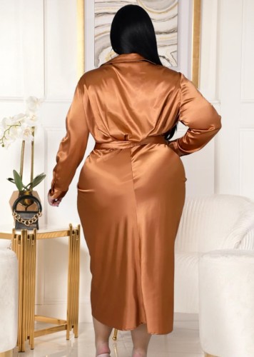 Plus Size Brown Silk Ruched Tied Button Open Midi Blouse Dress