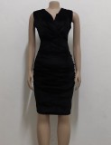Black Velvet V-Neck Sleeveless Scrunch Midi Office Dress