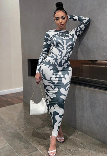 Dk-Green and White Print O-Neck Backless Tight Long Dress