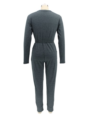 Grey Drawstrings V-Neck Long Sleeve Modest Tunic Jumpsuit